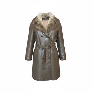 Vintage Penny Lane 70’s Brown Leather Coat W/ Fur Collar Belted Taupe Tan SZ 8